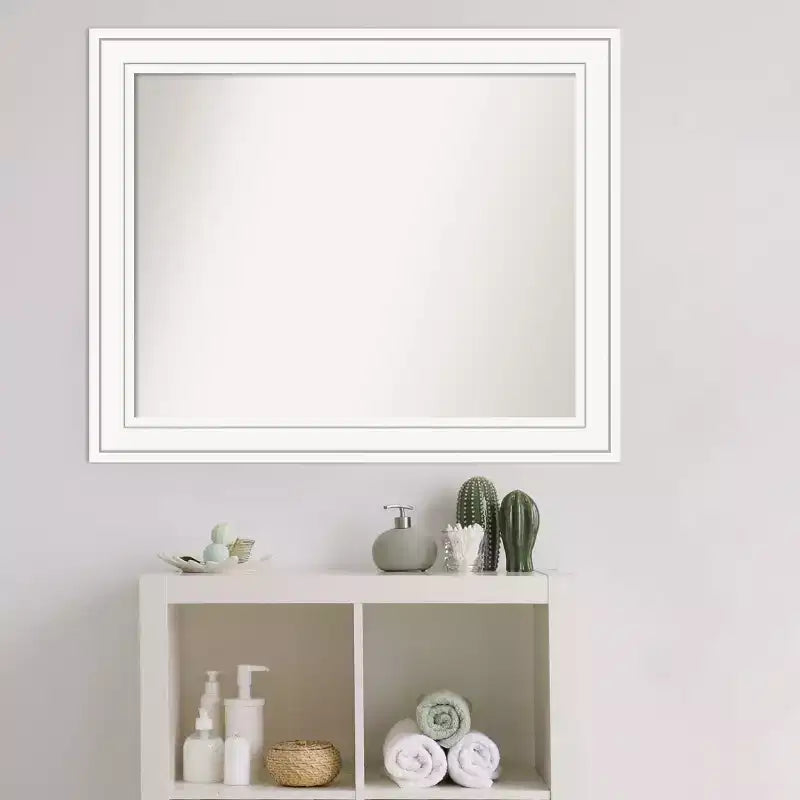 33" x 27" Non-Beveled Craftsman Wood Bathroom Wall Mirror White - Amanti Art: Modern Style, Wall Mounted, Includes Hardware