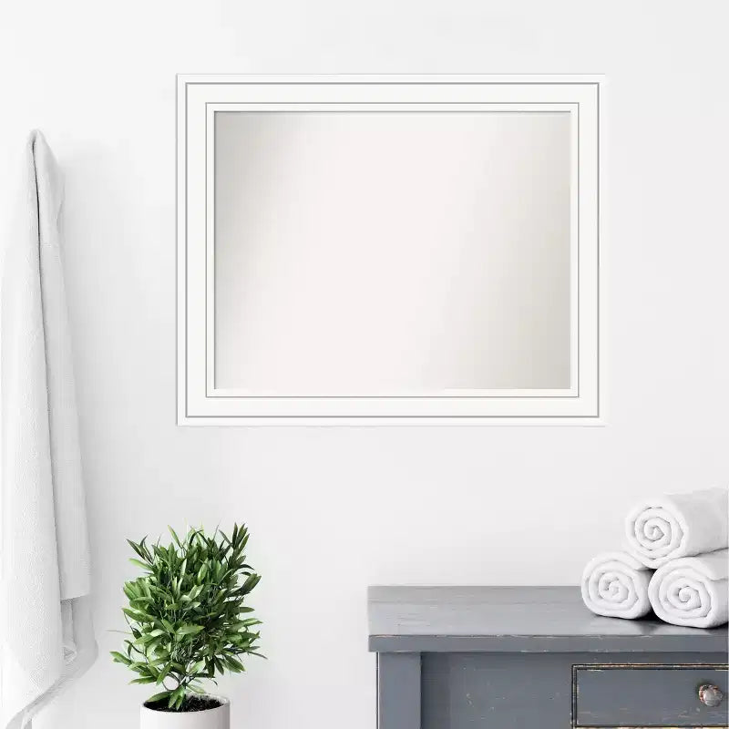 33" x 27" Non-Beveled Craftsman Wood Bathroom Wall Mirror White - Amanti Art: Modern Style, Wall Mounted, Includes Hardware