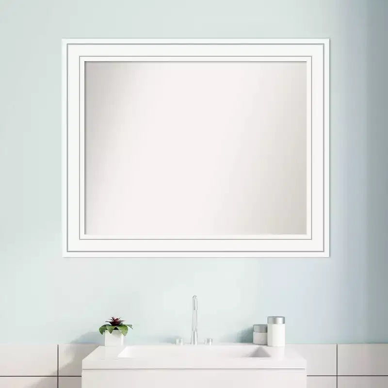 33" x 27" Non-Beveled Craftsman Wood Bathroom Wall Mirror White - Amanti Art: Modern Style, Wall Mounted, Includes Hardware