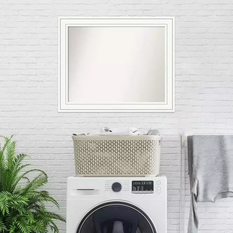 33" x 27" Non-Beveled Craftsman Wood Bathroom Wall Mirror White - Amanti Art: Modern Style, Wall Mounted, Includes Hardware