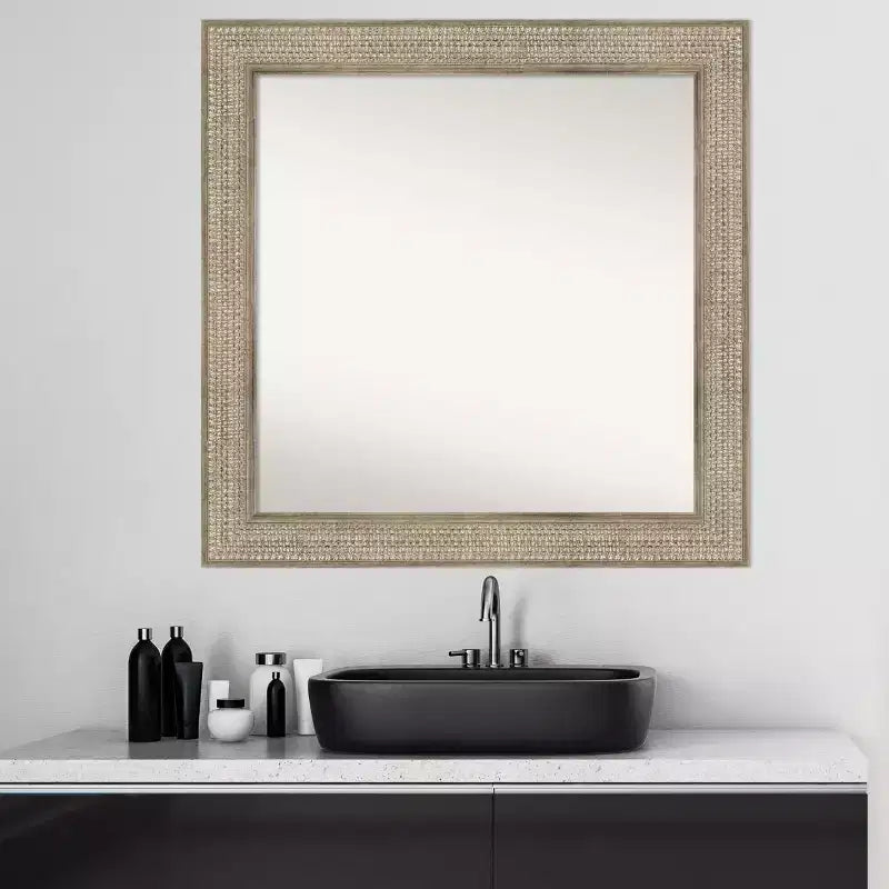 32" x 32" Non-Beveled Trellis Silver Wood Bathroom Wall Mirror - Amanti Art: Square Vanity Wall Mount