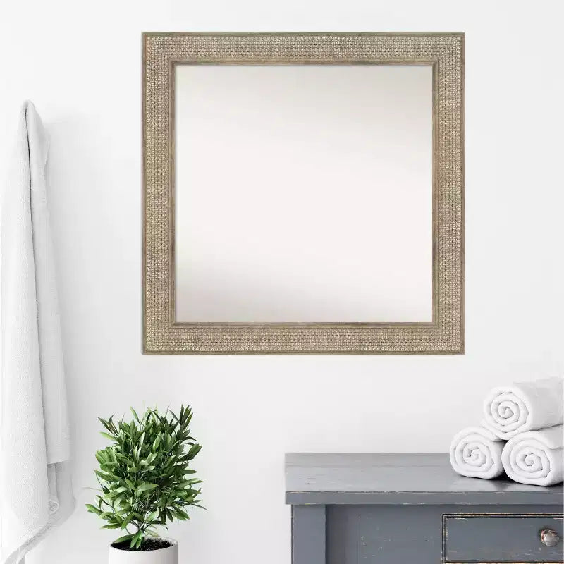 32" x 32" Non-Beveled Trellis Silver Wood Bathroom Wall Mirror - Amanti Art: Square Vanity Wall Mount