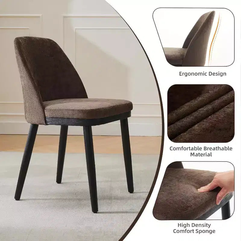 Acekool Modern Dining Chair, Linen Upholstered Curved Back Kitchen Chairs, Solid Wood Legs, Beige or Brown