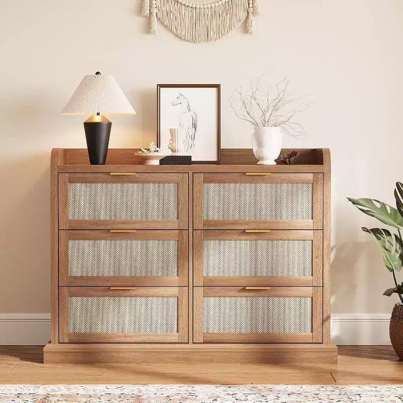 Farmhouse 6-Drawer Dresser with Rattan Details and Raised Edge Tabletop, Spacious Storage Organizer for Multi-Room Use, Compact Size for Small Spaces