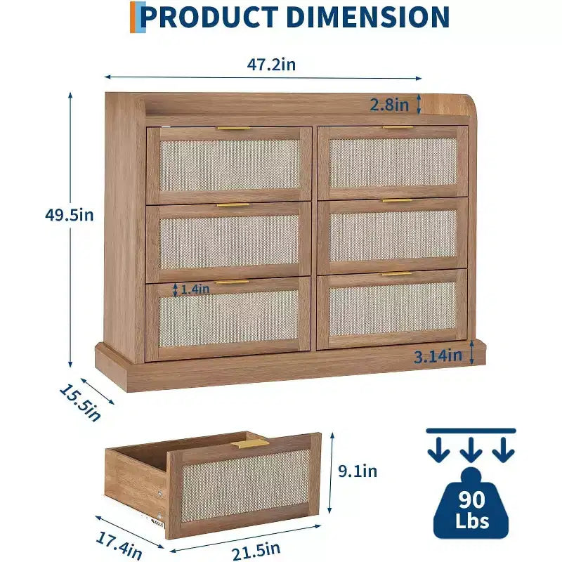 Farmhouse 6-Drawer Dresser with Rattan Details and Raised Edge Tabletop, Spacious Storage Organizer for Multi-Room Use, Compact Size for Small Spaces