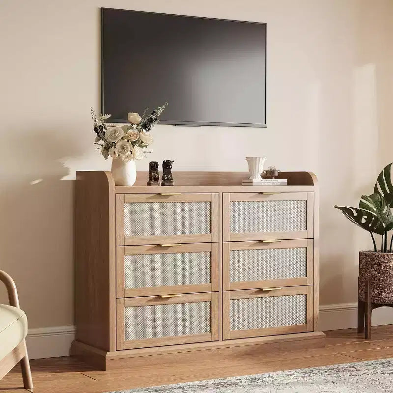 Farmhouse 6-Drawer Dresser with Rattan Details and Raised Edge Tabletop, Spacious Storage Organizer for Multi-Room Use, Compact Size for Small Spaces