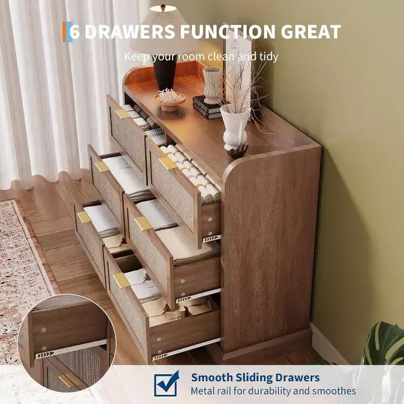 Farmhouse 6-Drawer Dresser with Rattan Details and Raised Edge Tabletop, Spacious Storage Organizer for Multi-Room Use, Compact Size for Small Spaces