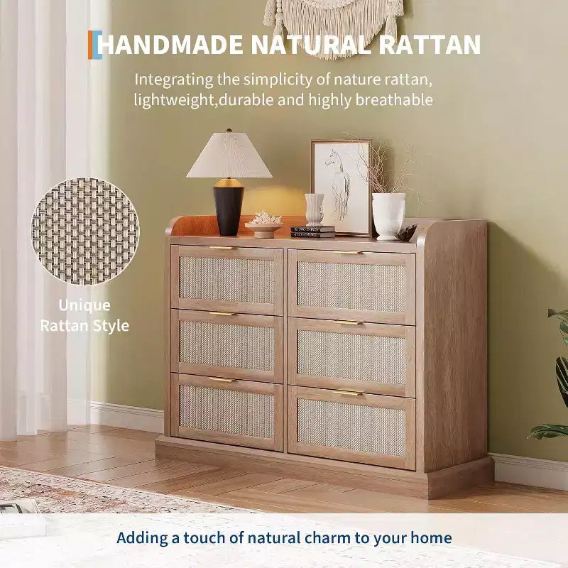 Farmhouse 6-Drawer Dresser with Rattan Details and Raised Edge Tabletop, Spacious Storage Organizer for Multi-Room Use, Compact Size for Small Spaces