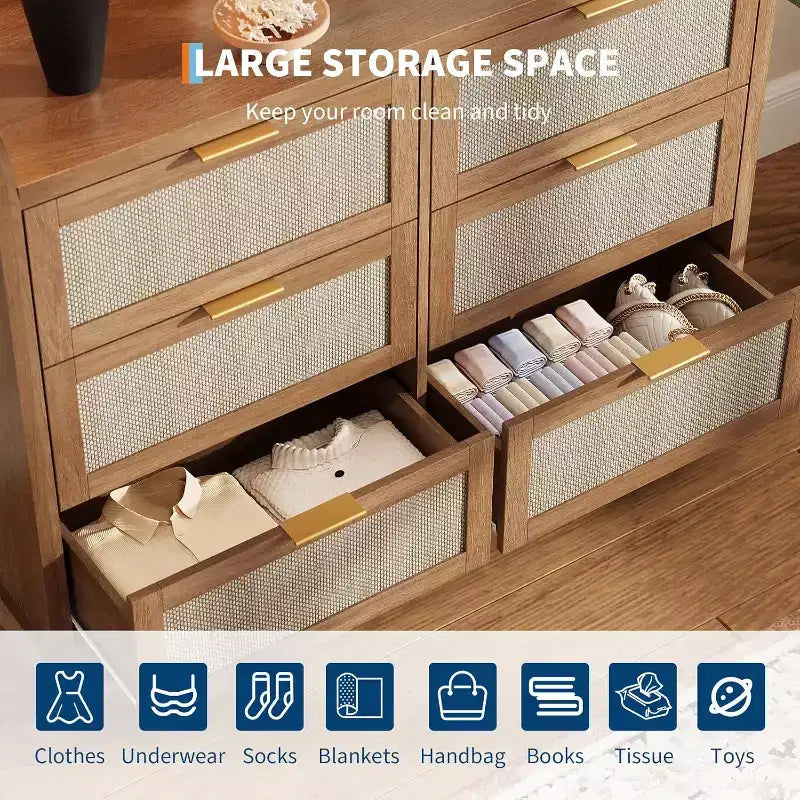 Farmhouse 6-Drawer Dresser with Rattan Details and Raised Edge Tabletop, Spacious Storage Organizer for Multi-Room Use, Compact Size for Small Spaces