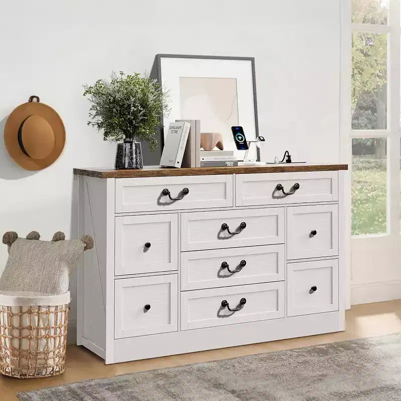 55in 9-Drawer Dresser with Wood Tone Finish, Multi-Purpose Storage Organizer for Living Room Hallway and Dining Room, Spacious Design Easy Assembly
