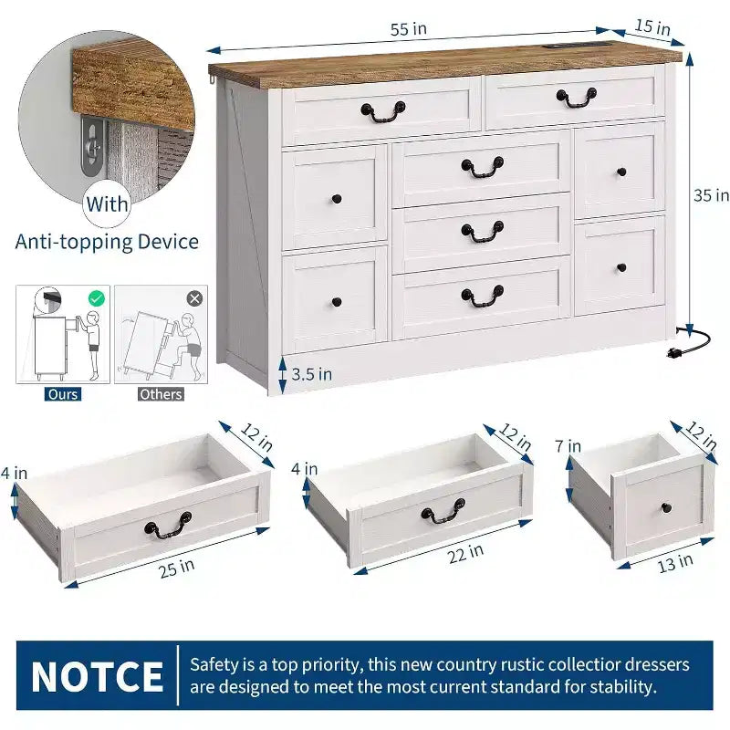 55in 9-Drawer Dresser with Wood Tone Finish, Multi-Purpose Storage Organizer for Living Room Hallway and Dining Room, Spacious Design Easy Assembly
