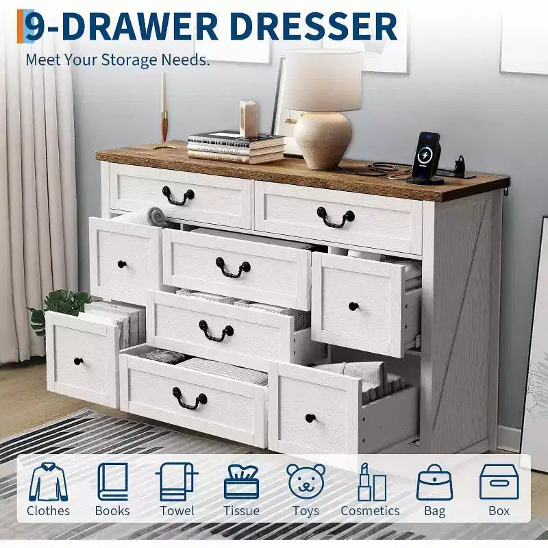 55in 9-Drawer Dresser with Wood Tone Finish, Multi-Purpose Storage Organizer for Living Room Hallway and Dining Room, Spacious Design Easy Assembly