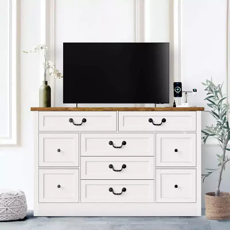 55in 9-Drawer Dresser with Wood Tone Finish, Multi-Purpose Storage Organizer for Living Room Hallway and Dining Room, Spacious Design Easy Assembly