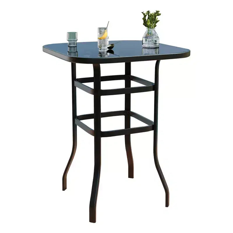 31.5 Outdoor Patio Bar Table with Tempered Glass Top, Square High Top Pub Table All Weather Metal Frame for Balcony, Backyard, Poolside, Garden