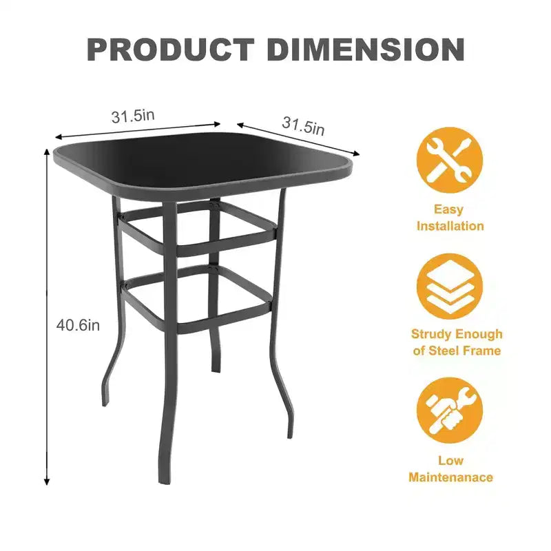 31.5 Outdoor Patio Bar Table with Tempered Glass Top, Square High Top Pub Table All Weather Metal Frame for Balcony, Backyard, Poolside, Garden