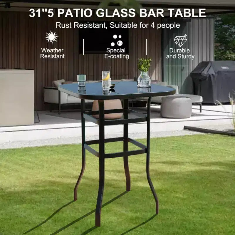 31.5 Outdoor Patio Bar Table with Tempered Glass Top, Square High Top Pub Table All Weather Metal Frame for Balcony, Backyard, Poolside, Garden