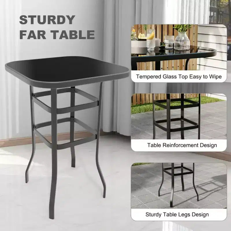 31.5 Outdoor Patio Bar Table with Tempered Glass Top, Square High Top Pub Table All Weather Metal Frame for Balcony, Backyard, Poolside, Garden