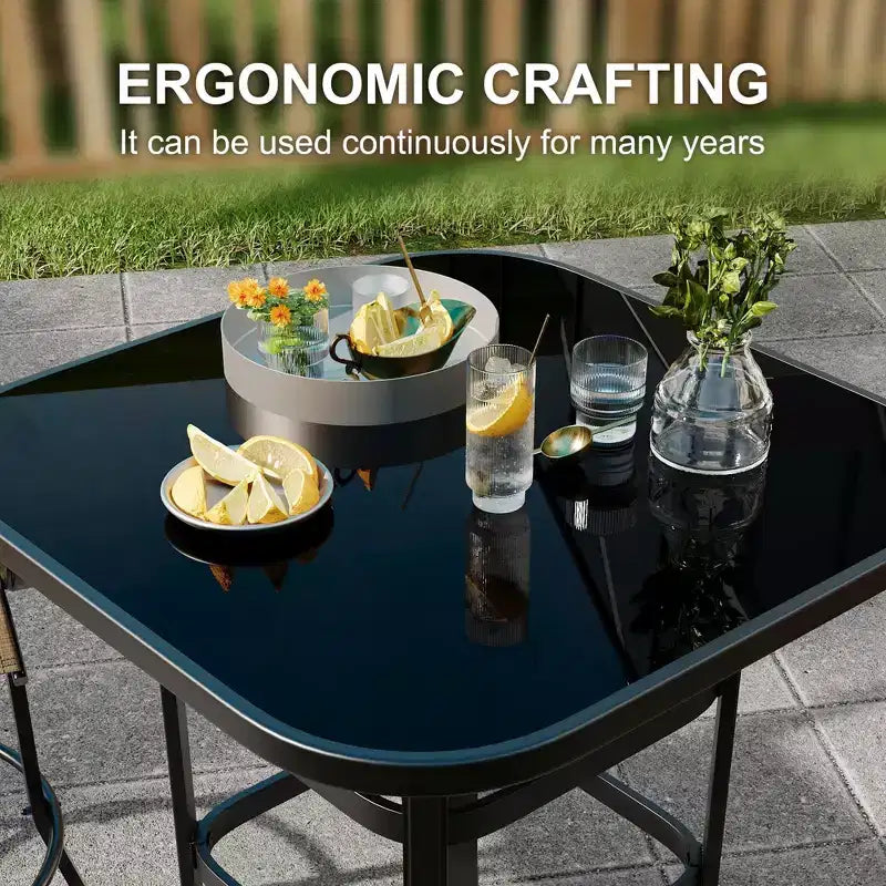 31.5 Outdoor Patio Bar Table with Tempered Glass Top, Square High Top Pub Table All Weather Metal Frame for Balcony, Backyard, Poolside, Garden