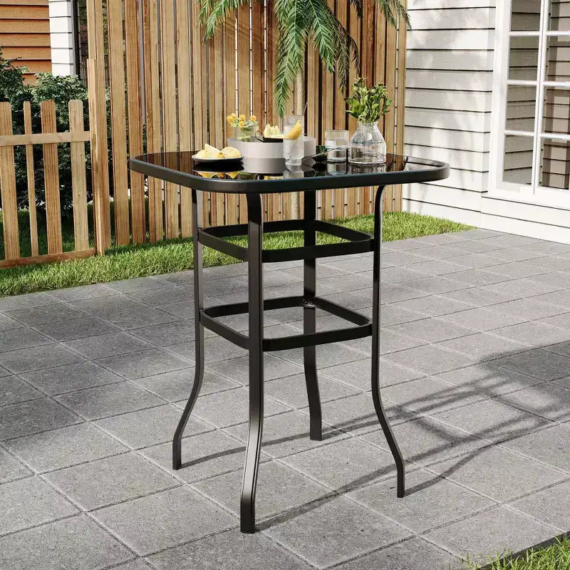 31.5 Outdoor Patio Bar Table with Tempered Glass Top, Square High Top Pub Table All Weather Metal Frame for Balcony, Backyard, Poolside, Garden