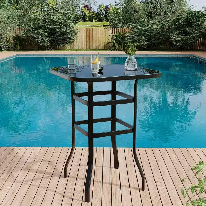 31.5 Outdoor Patio Bar Table with Tempered Glass Top, Square High Top Pub Table All Weather Metal Frame for Balcony, Backyard, Poolside, Garden