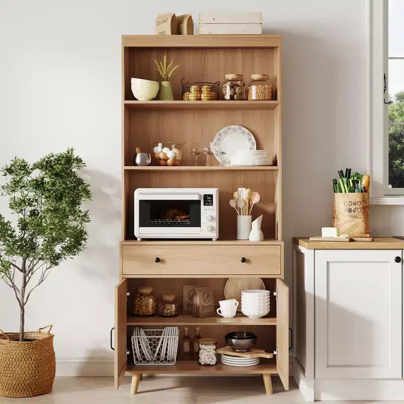 72.4 Tall Book Shelf with Doors & Drawer, 6-Tier Storage Bookcase with Cabinet & Open Wood Shelves, Freestanding Display Organizer for Living Room