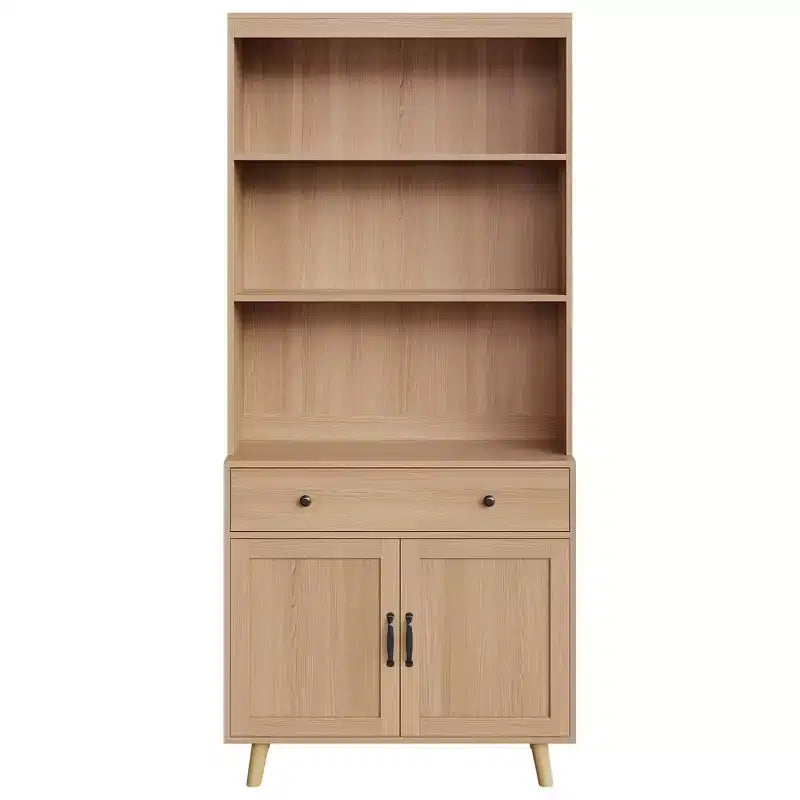 72.4 Tall Book Shelf with Doors & Drawer, 6-Tier Storage Bookcase with Cabinet & Open Wood Shelves, Freestanding Display Organizer for Living Room