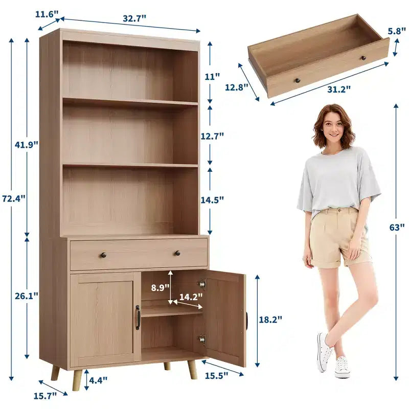72.4 Tall Book Shelf with Doors & Drawer, 6-Tier Storage Bookcase with Cabinet & Open Wood Shelves, Freestanding Display Organizer for Living Room