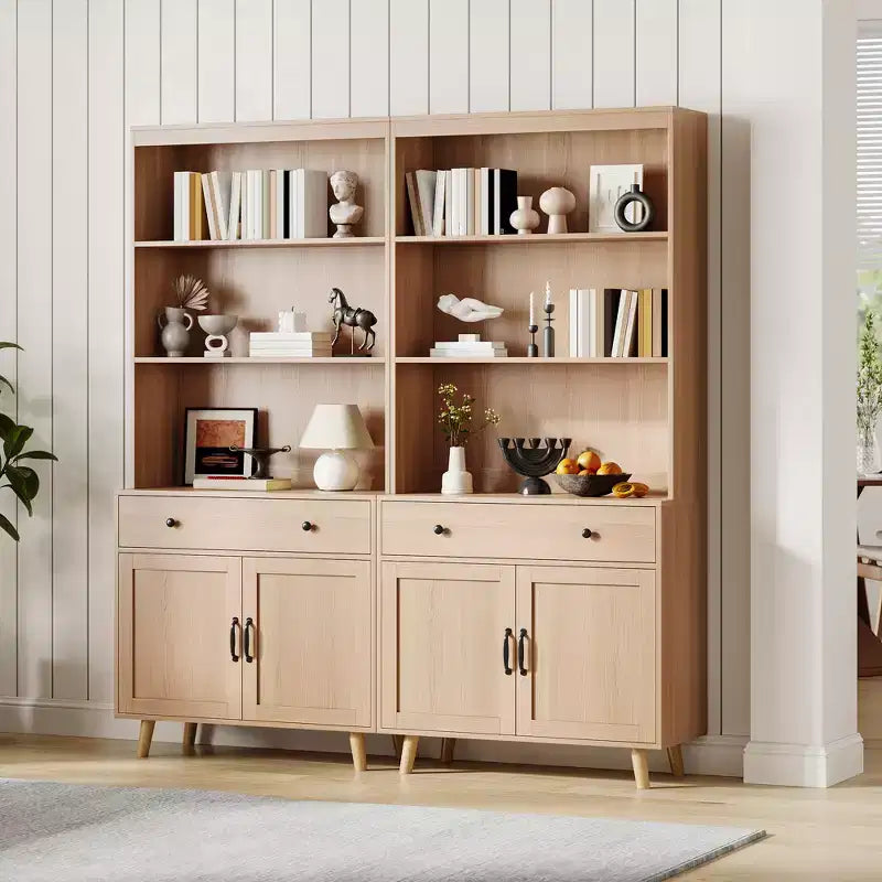 72.4 Tall Book Shelf with Doors & Drawer, 6-Tier Storage Bookcase with Cabinet & Open Wood Shelves, Freestanding Display Organizer for Living Room
