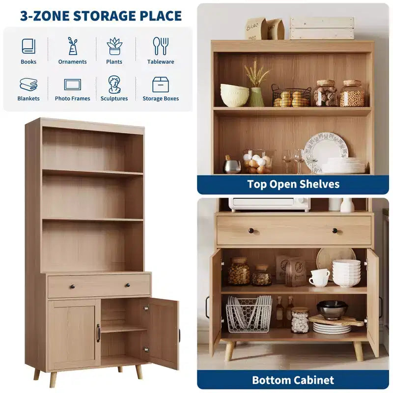 72.4 Tall Book Shelf with Doors & Drawer, 6-Tier Storage Bookcase with Cabinet & Open Wood Shelves, Freestanding Display Organizer for Living Room