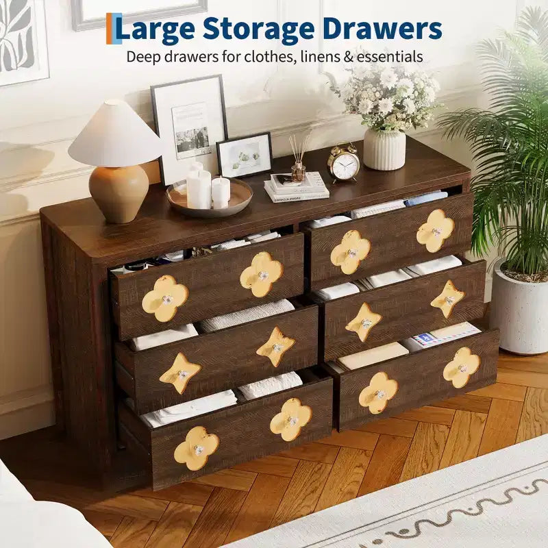 GustoWave Rattan Dresser with 6 Large Drawers, 47'' Wide Storage Chest for Bedroom, Living Room, Entryway