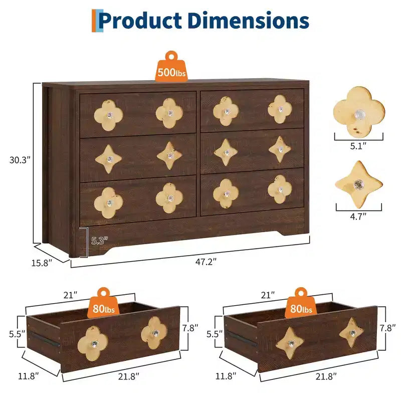 GustoWave Rattan Dresser with 6 Large Drawers, 47'' Wide Storage Chest for Bedroom, Living Room, Entryway
