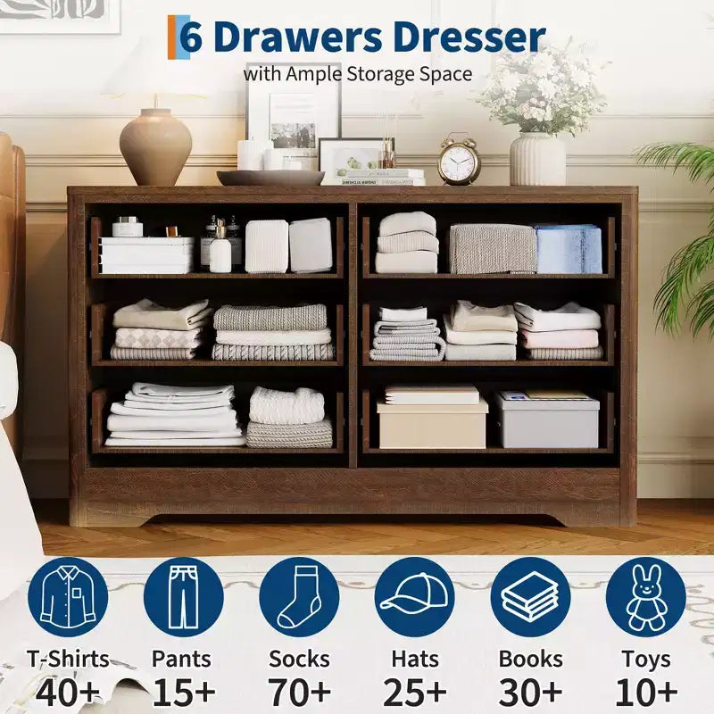 GustoWave Rattan Dresser with 6 Large Drawers, 47'' Wide Storage Chest for Bedroom, Living Room, Entryway