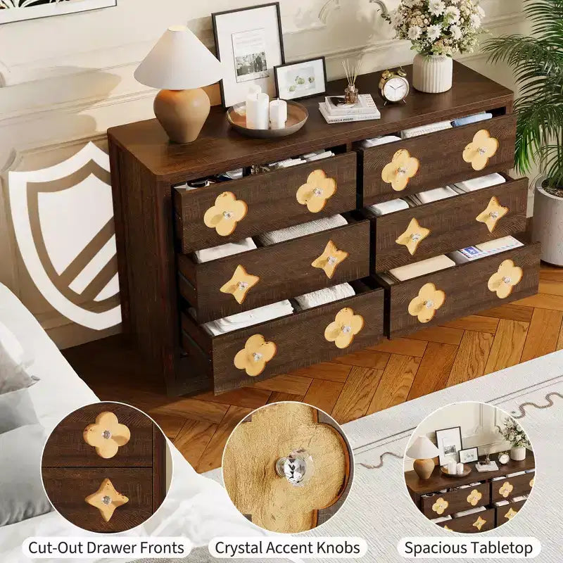 GustoWave Rattan Dresser with 6 Large Drawers, 47'' Wide Storage Chest for Bedroom, Living Room, Entryway