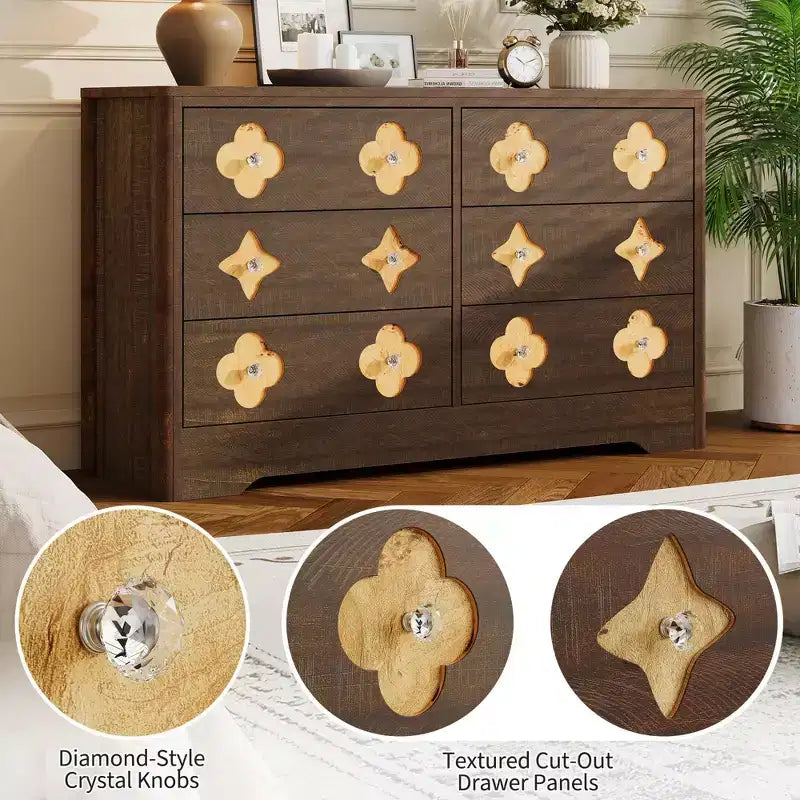 GustoWave Rattan Dresser with 6 Large Drawers, 47'' Wide Storage Chest for Bedroom, Living Room, Entryway