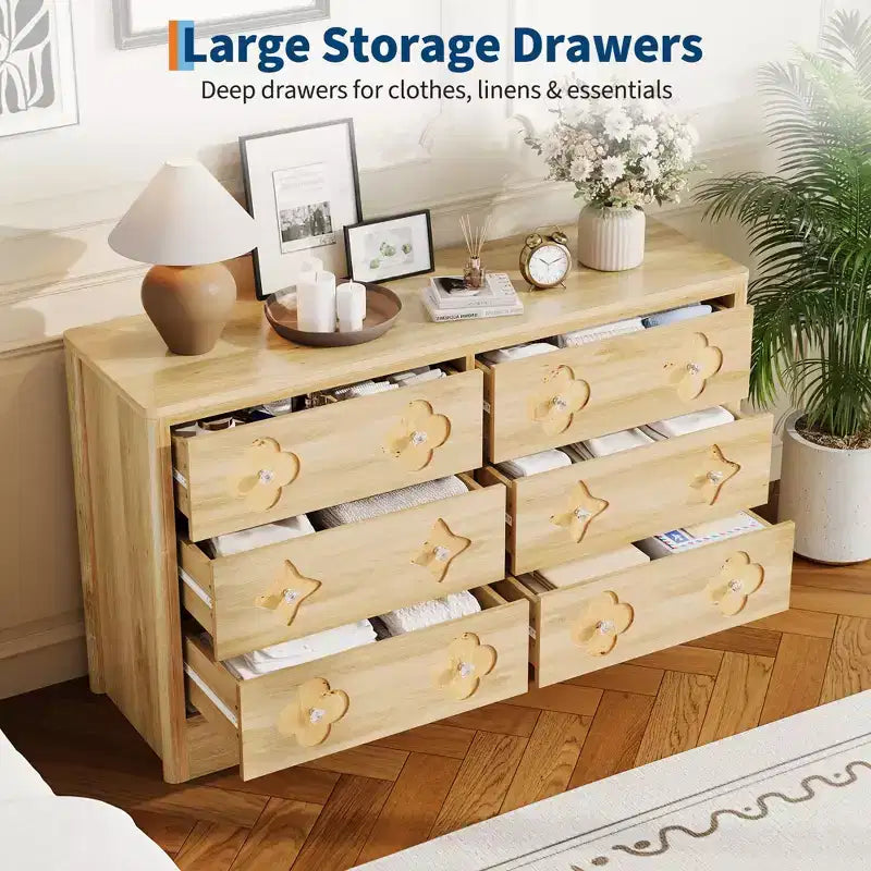 GustoWave Rattan Dresser with 6 Large Drawers, 47'' Wide Storage Chest for Bedroom, Living Room, Entryway