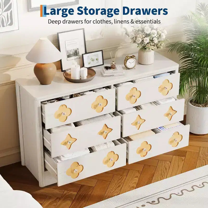 GustoWave Rattan Dresser with 6 Large Drawers, 47'' Wide Storage Chest for Bedroom, Living Room, Entryway