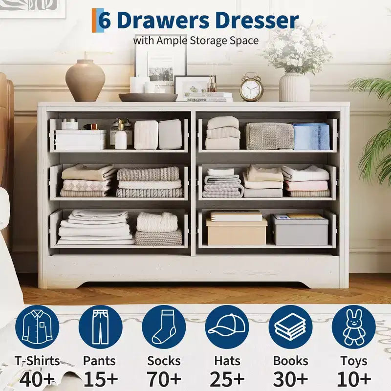 GustoWave Rattan Dresser with 6 Large Drawers, 47'' Wide Storage Chest for Bedroom, Living Room, Entryway