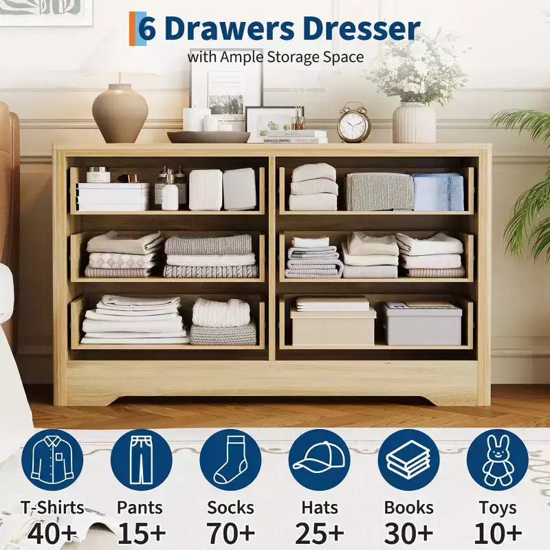 GustoWave Rattan Dresser with 6 Large Drawers, 47'' Wide Storage Chest for Bedroom, Living Room, Entryway