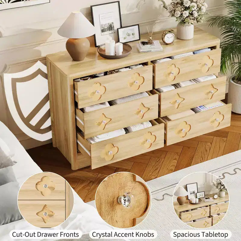 GustoWave Rattan Dresser with 6 Large Drawers, 47'' Wide Storage Chest for Bedroom, Living Room, Entryway