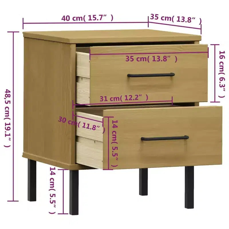 vidaXL Nightstand Storage Bedside Table with 2 Drawers Solid Pine Wood OSLO