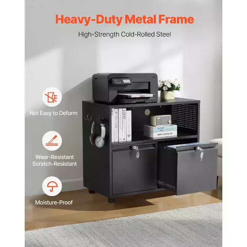 VEVOR 2 Drawers Metal File Cabinet, Lateral Filing Cabinet with Lock and Adjustable Hanging Rods, A4, Legal Size File, Black