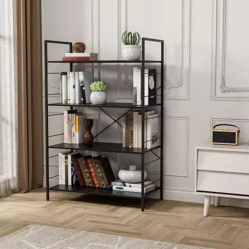4 Tier Industrial Bookshelf with Steel Frame, Heavy Duty Bookcase for Home Office and Living Room, Multi-Purpose Storage Shelf with Easy Assembly