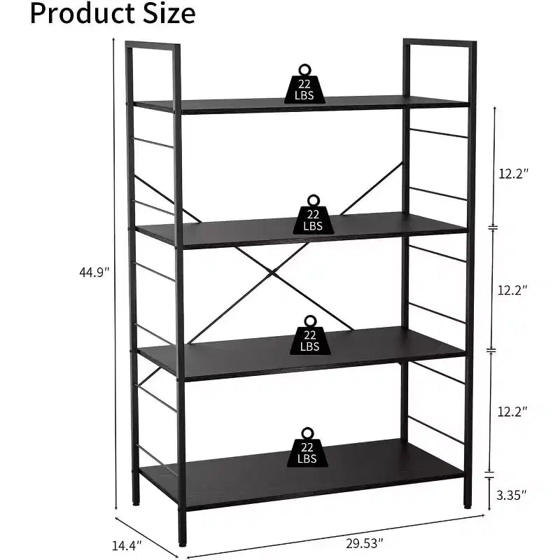 4 Tier Industrial Bookshelf with Steel Frame, Heavy Duty Bookcase for Home Office and Living Room, Multi-Purpose Storage Shelf with Easy Assembly