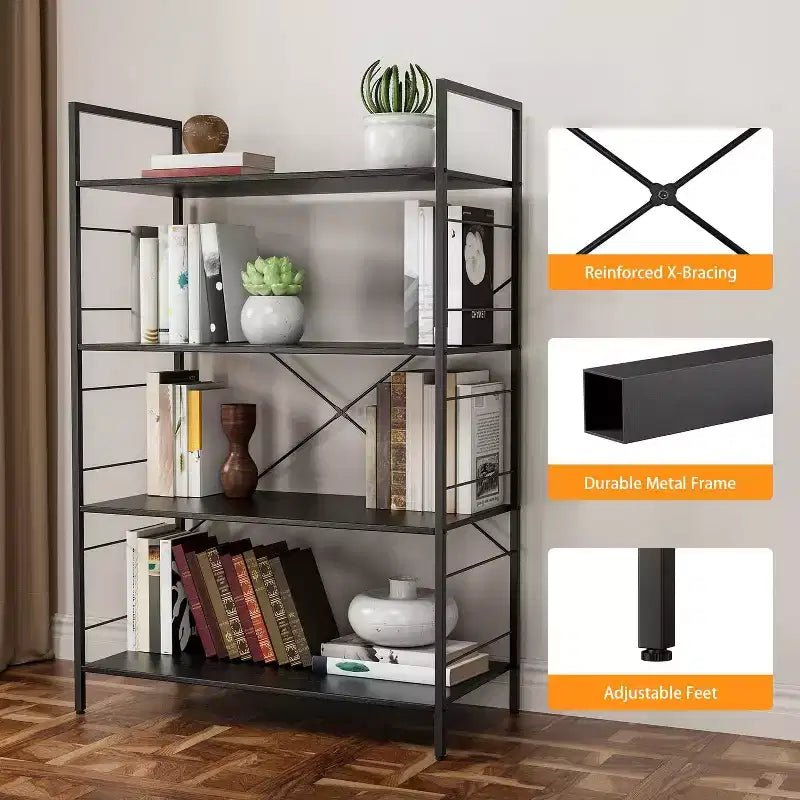 4 Tier Industrial Bookshelf with Steel Frame, Heavy Duty Bookcase for Home Office and Living Room, Multi-Purpose Storage Shelf with Easy Assembly