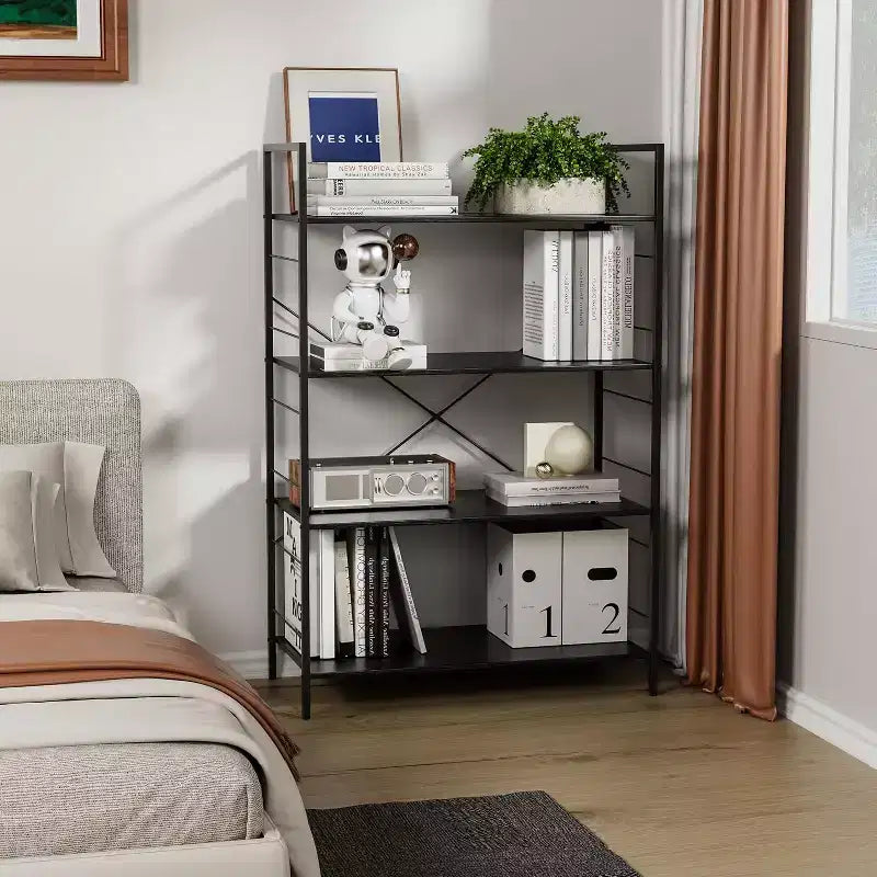 4 Tier Industrial Bookshelf with Steel Frame, Heavy Duty Bookcase for Home Office and Living Room, Multi-Purpose Storage Shelf with Easy Assembly