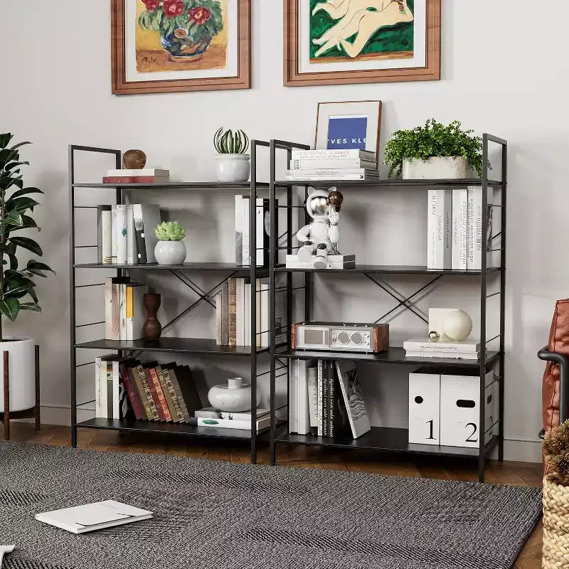 4 Tier Industrial Bookshelf with Steel Frame, Heavy Duty Bookcase for Home Office and Living Room, Multi-Purpose Storage Shelf with Easy Assembly