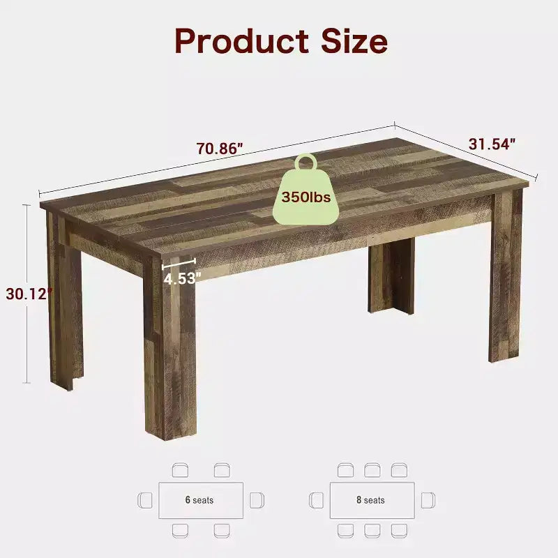 71 Rustic Brown Farmhouse Dining Table for 6-8 Heavy-Duty Rectangular Kitchen Table with Thick Finger-Jointed Wood Top