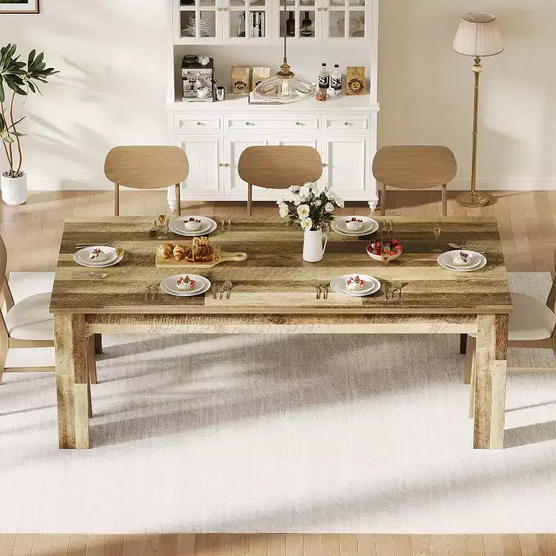 71 Rustic Brown Farmhouse Dining Table for 6-8 Heavy-Duty Rectangular Kitchen Table with Thick Finger-Jointed Wood Top