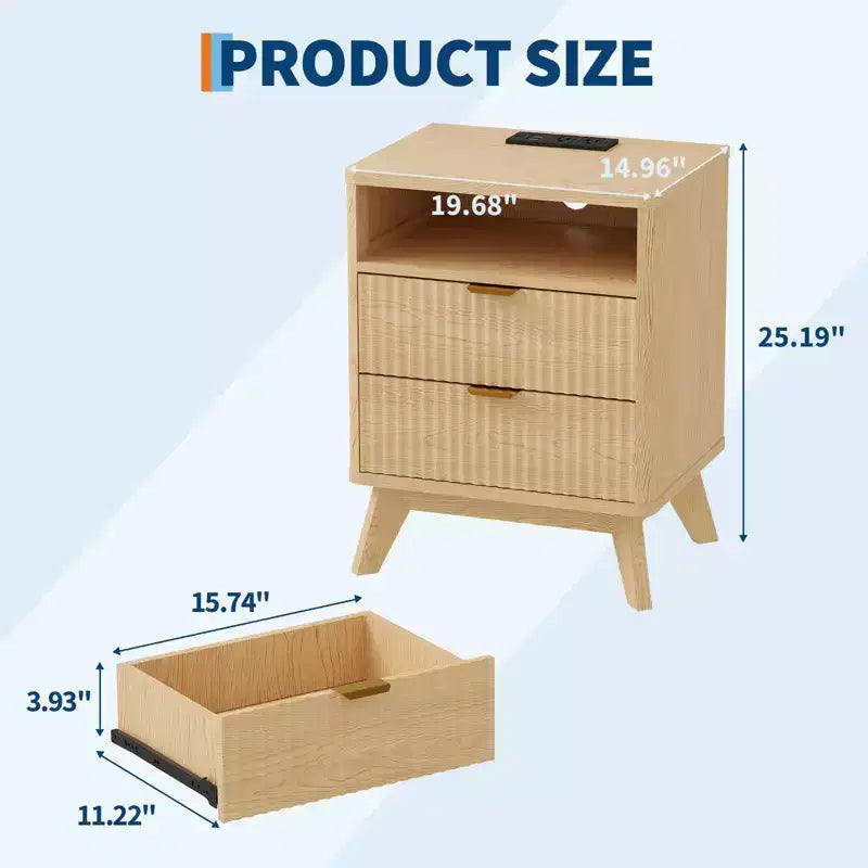 Modern Fluted Nightstand with USB Charging Station & Outlets, Wood Bedside Table with 2 Drawers and Open Shelf, End Table for Bedroom, Living Room