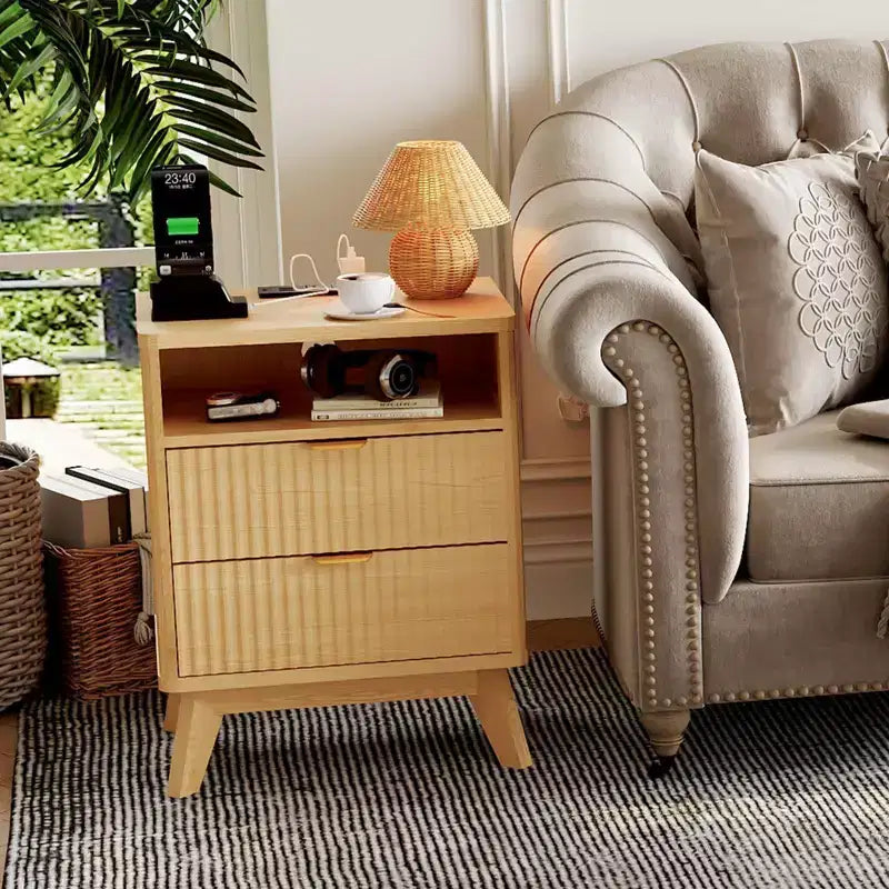 Modern Fluted Nightstand with USB Charging Station & Outlets, Wood Bedside Table with 2 Drawers and Open Shelf, End Table for Bedroom, Living Room
